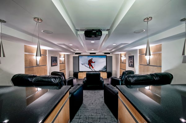 In home theater room media room with recliners and projector