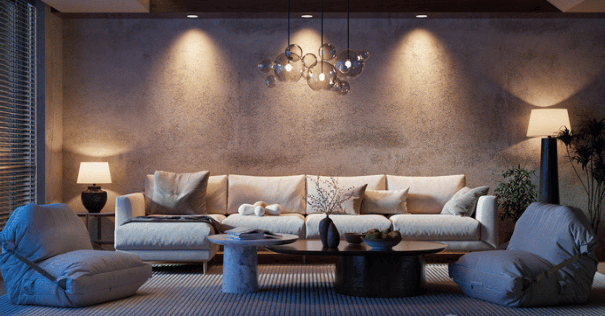 Dramatic Night Living Room with layered lighting: High-Contrast Interior with Warm Spotlights, Cold Blue Light, and Cozy, Modern Furniture