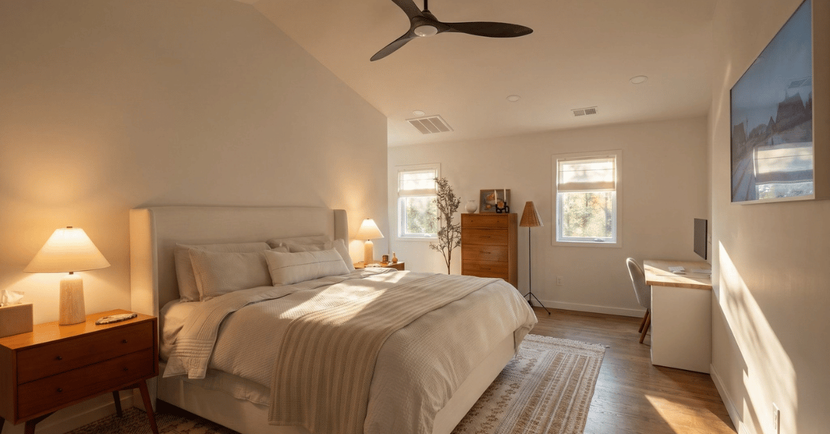 After: cozy primary bedroom bathed in golden hour sunlight
