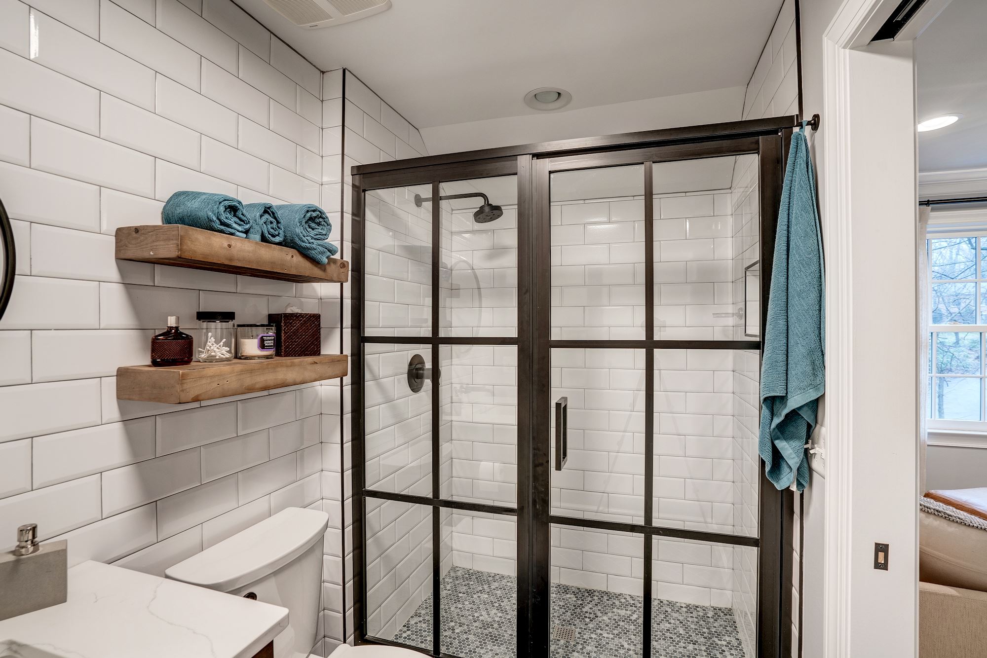 Full bathroom with unique dark brown paneling on glass shower door