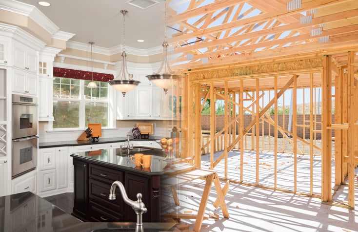 A look behind the walls in a kitchen remodel shows the framing that will shape the new space
